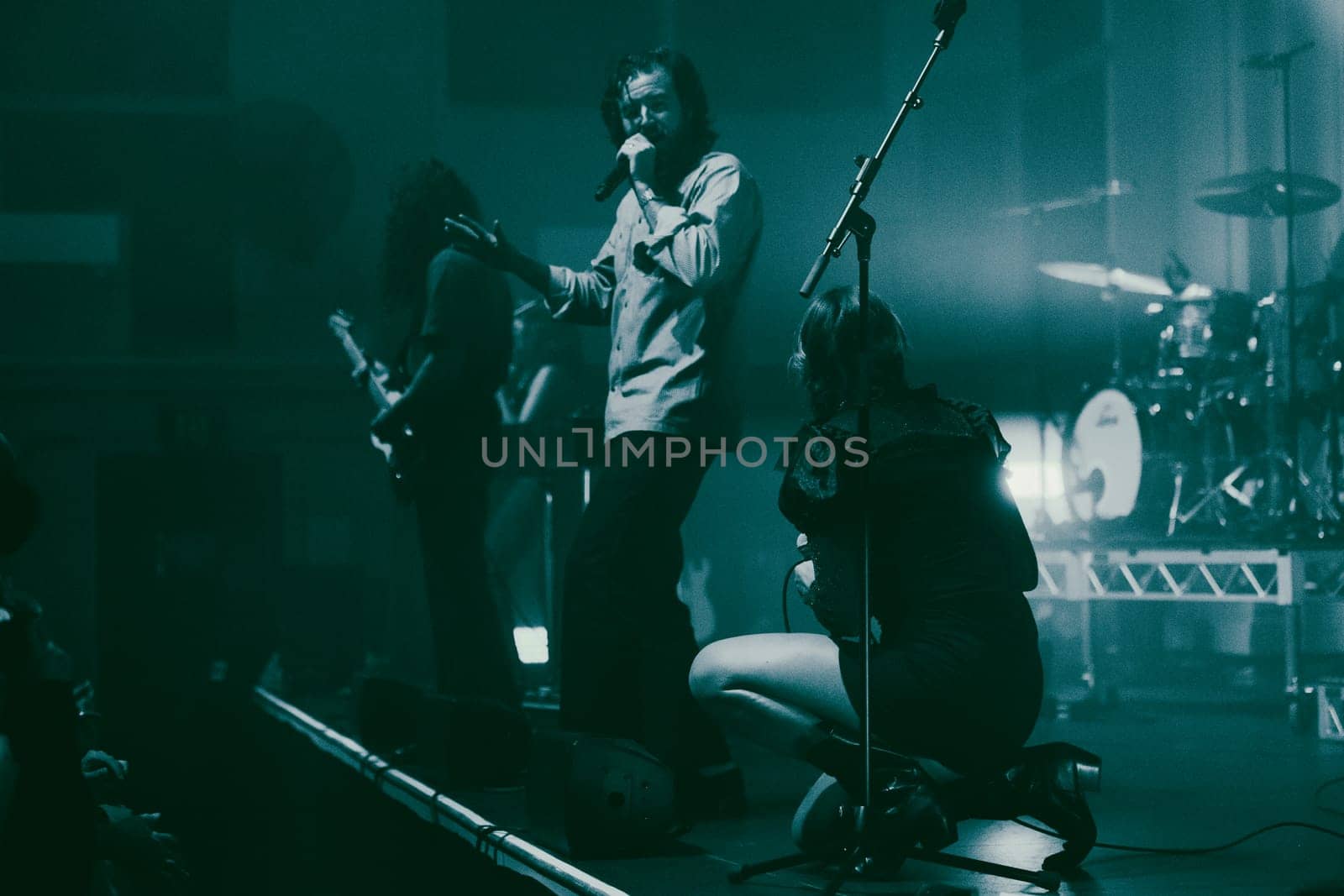 MELBOURNE, AUSTRALIA - MAY 5: Clews on stage with Australian music group Holy Holy as they perform their 'Messed Up' national tour at The Northcote Theatre on May 5 2023 in Melbourne, Australia