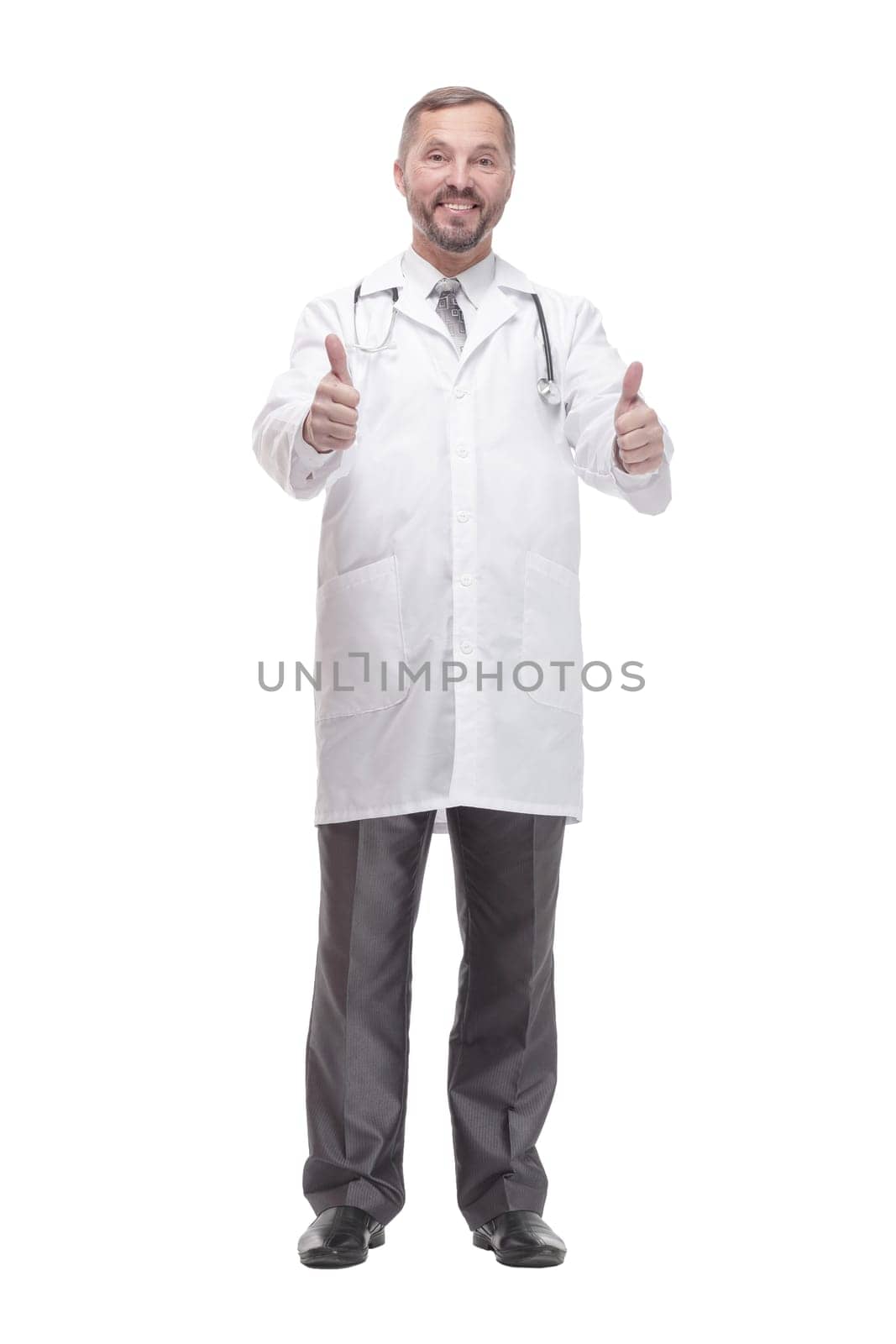 full-length. Mature male doctor. isolated on a white background.