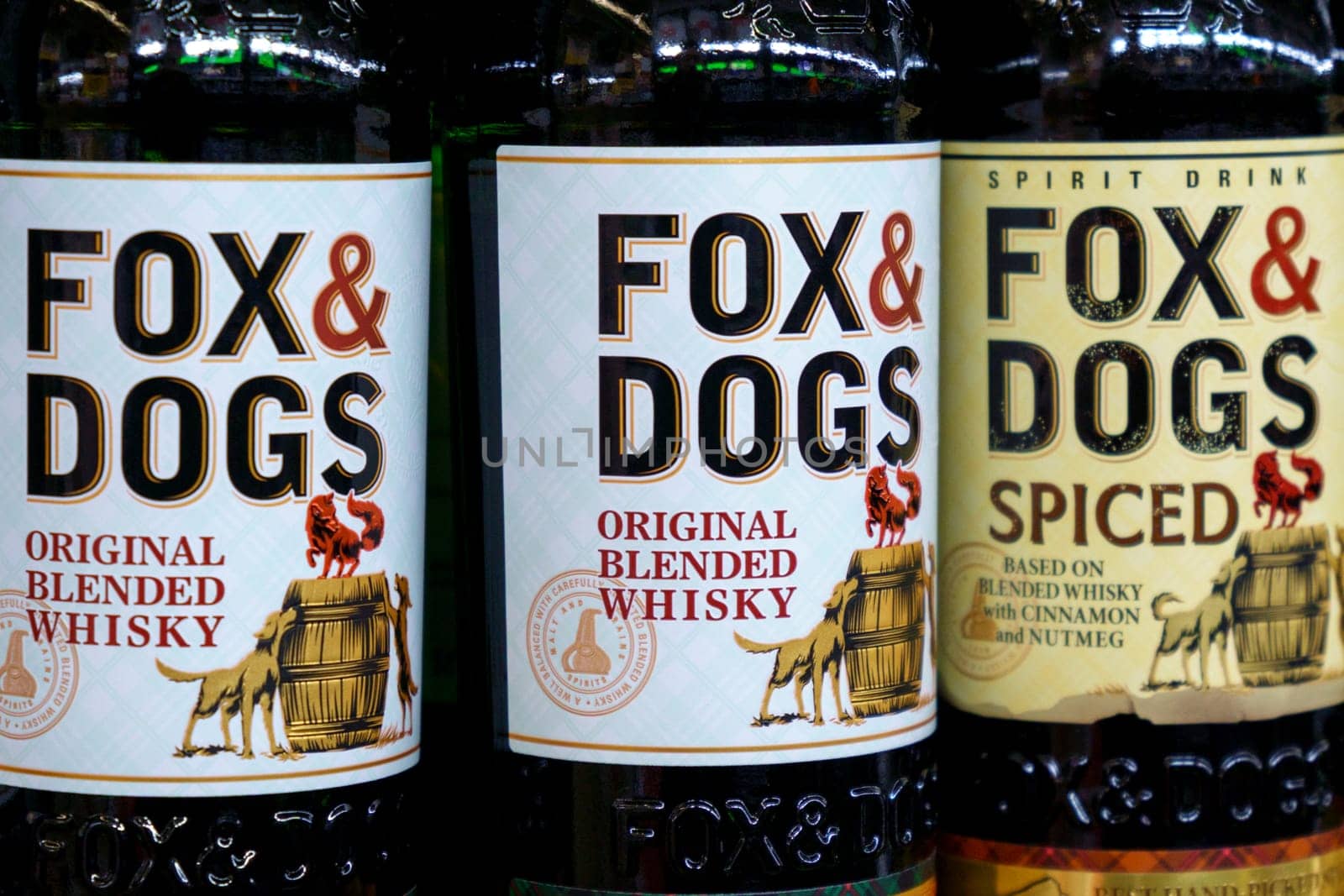 Tyumen, Russia-March 17, 2023: Fox and Dogs is a classic Scotch whiskey, on the shelves of a hypermarket. by darksoul72