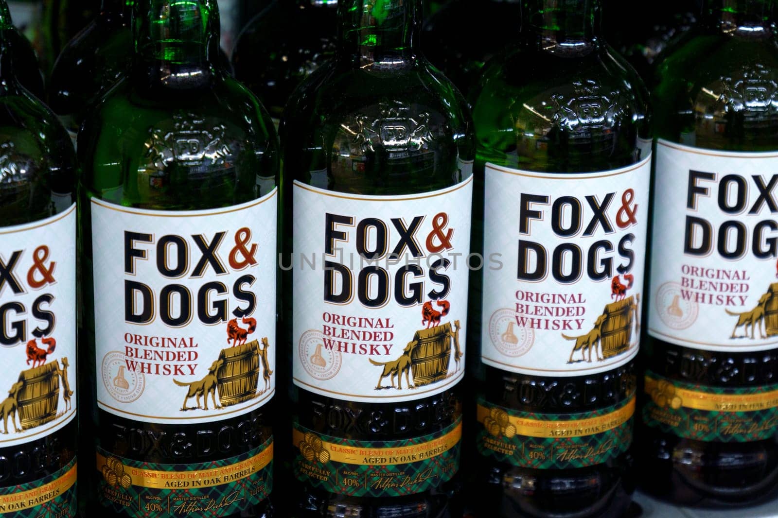 Tyumen, Russia-March 17, 2023: Whisky Fox and Dogs in the alcohol market. Selective focus