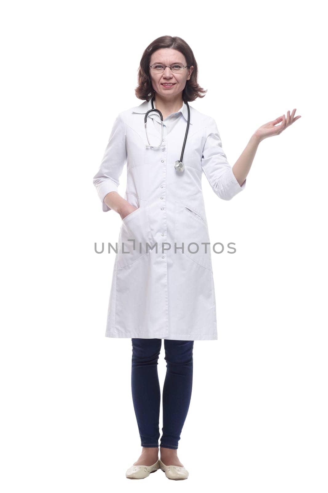 Mature female doctor with stethoscope. isolated on a white background.