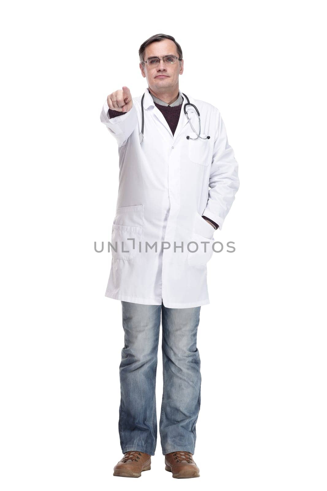 in full growth. qualified doctor with a stethoscope. isolated on a white background.