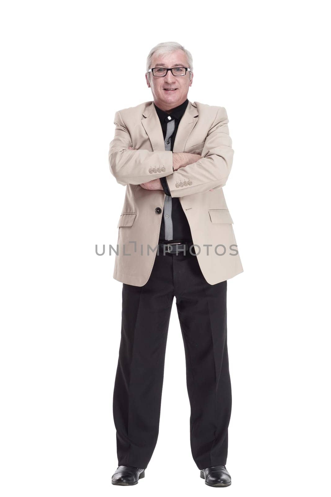 in full growth. intelligent mature man in a white jacket . isolated on a white background.