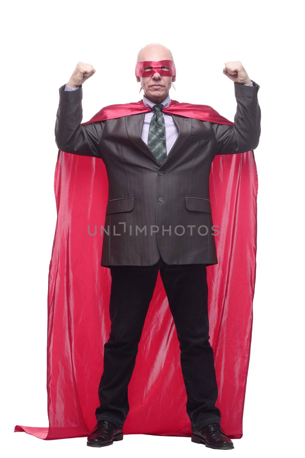 business man in a superhero mask and Cape. isolated on a white background.