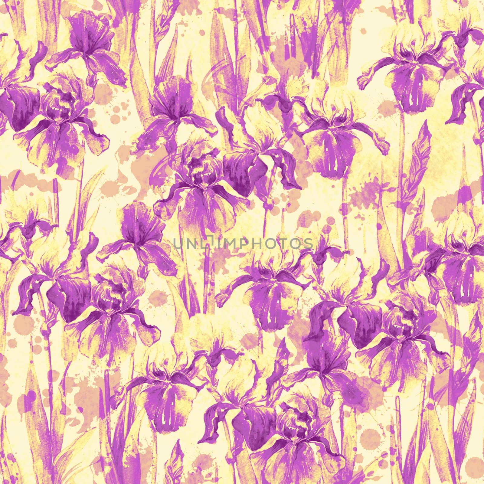 Summer meadow iris flowers watercolor monochrome seamless pattern on yellow background by fireFLYart