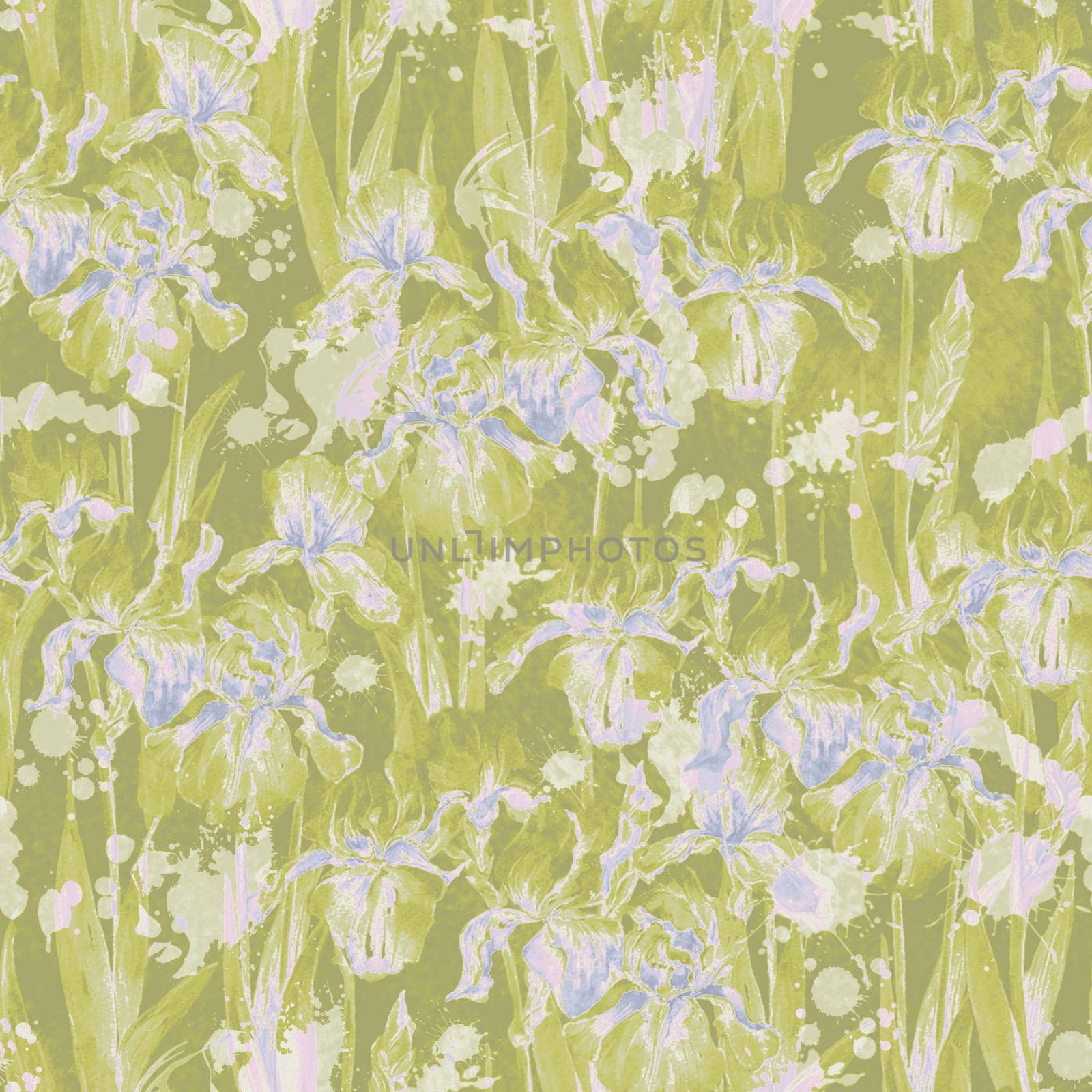 Summer meadow iris flowers watercolor monochrome seamless pattern on green background by fireFLYart