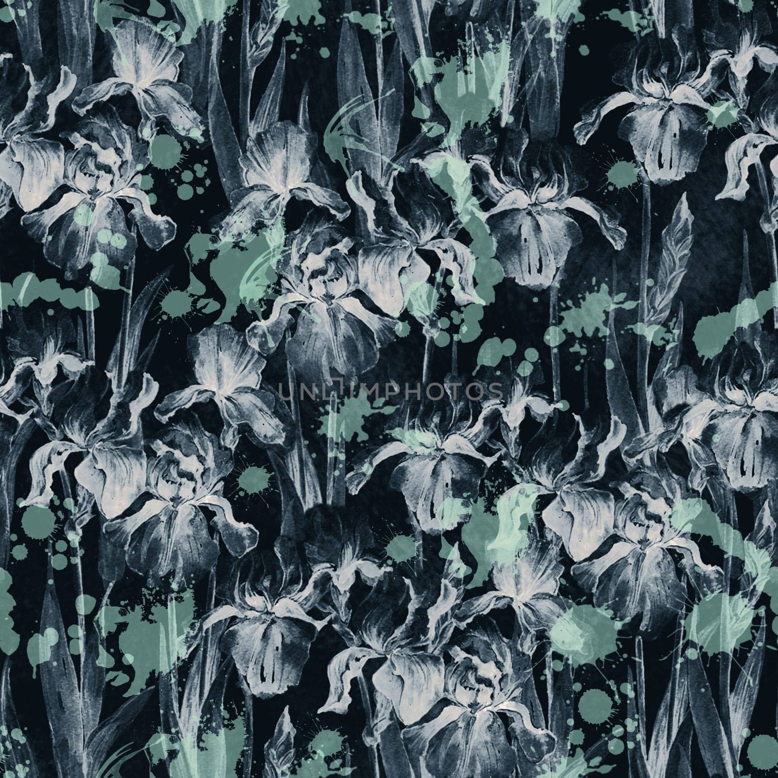 Summer meadow iris flowers watercolor monochrome seamless pattern on dark background by fireFLYart