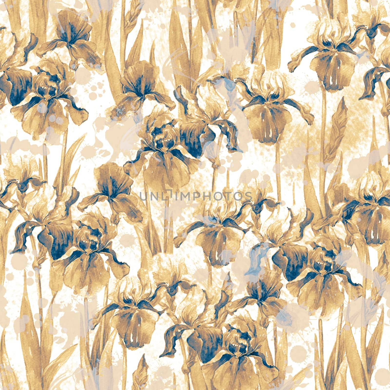 Summer meadow iris flowers watercolor monochrome seamless pattern on white background by fireFLYart