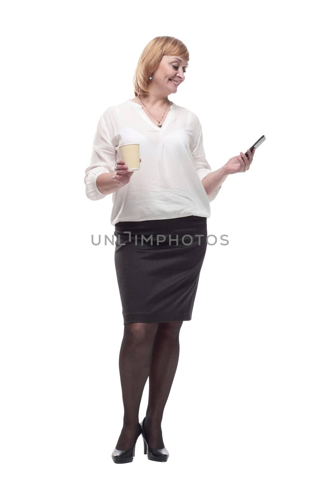 business woman with smartphone and coffee to take away. isolated on a white background.