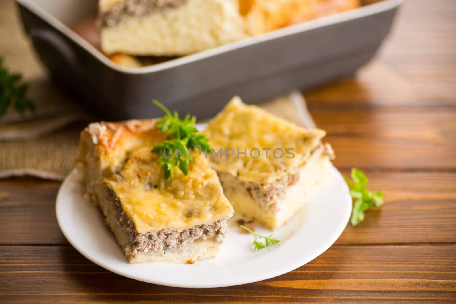 Cooked meat pie, pieces in a plate on a wooden table.