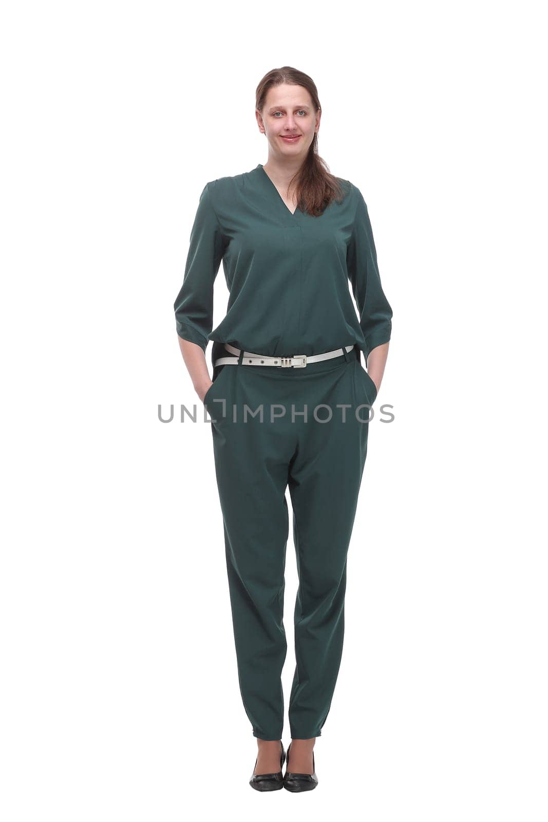 Full body young woman in casual clothes, relaxed pose, isolated over a white background.