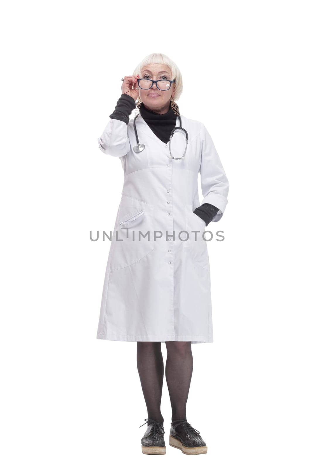in full growth. friendly woman doctor. isolated on a white background.