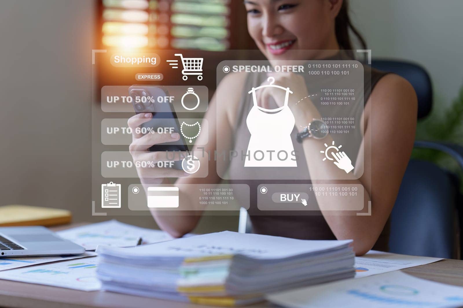 Online store icon, shopping on internet, Asian woman using on virtual screen with hands choosing on smartphone application by itchaznong