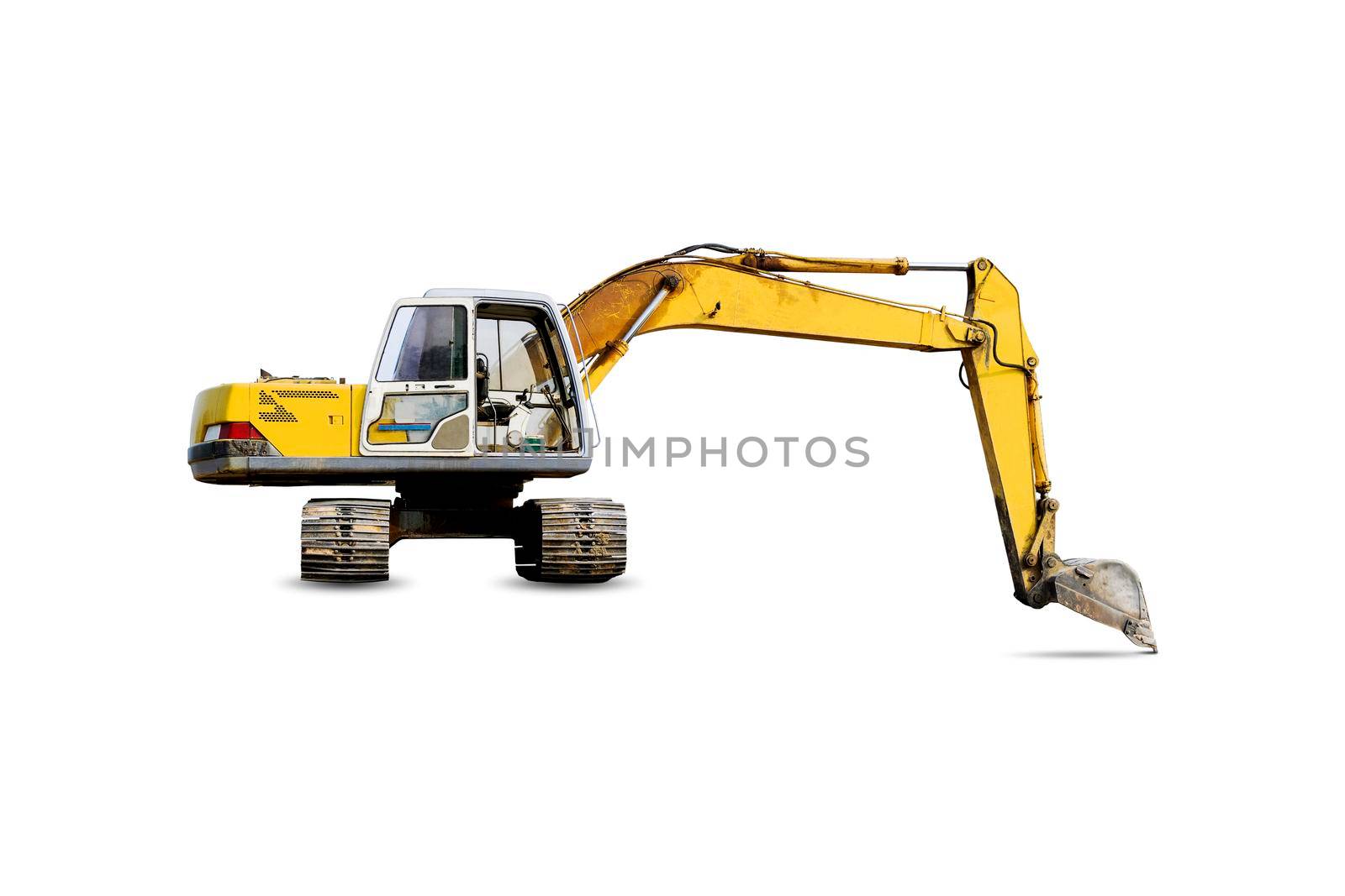 Yellow color excavator for the construction industry isolated on white background.