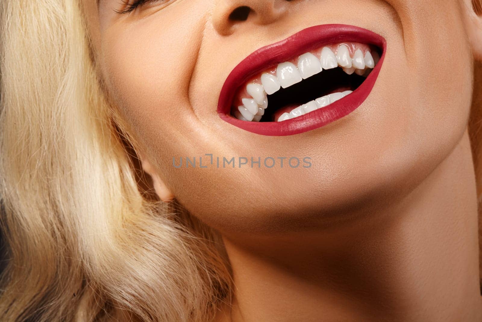 Dental Beauty. Beautiful Macro with perfect White Teeth. Fashion Lips Red Make-up. Whitening Tooth, Wellness Treatment by MarinaFrost