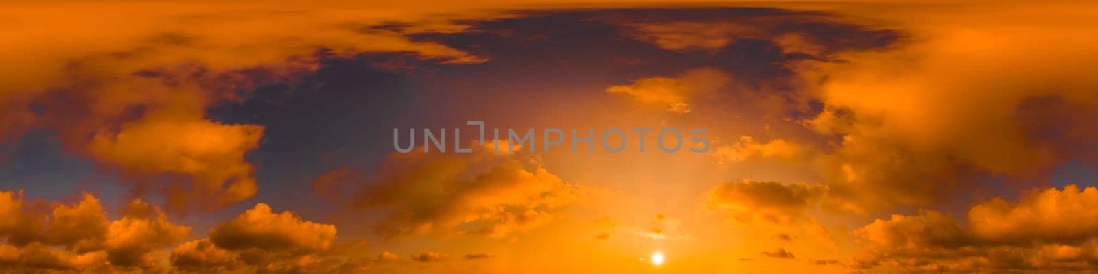 Blue Orange evening sky seamless panorama spherical equirectangular 360 degree view with Cumulus clouds, setting sun. Climate and weather change. by Matiunina