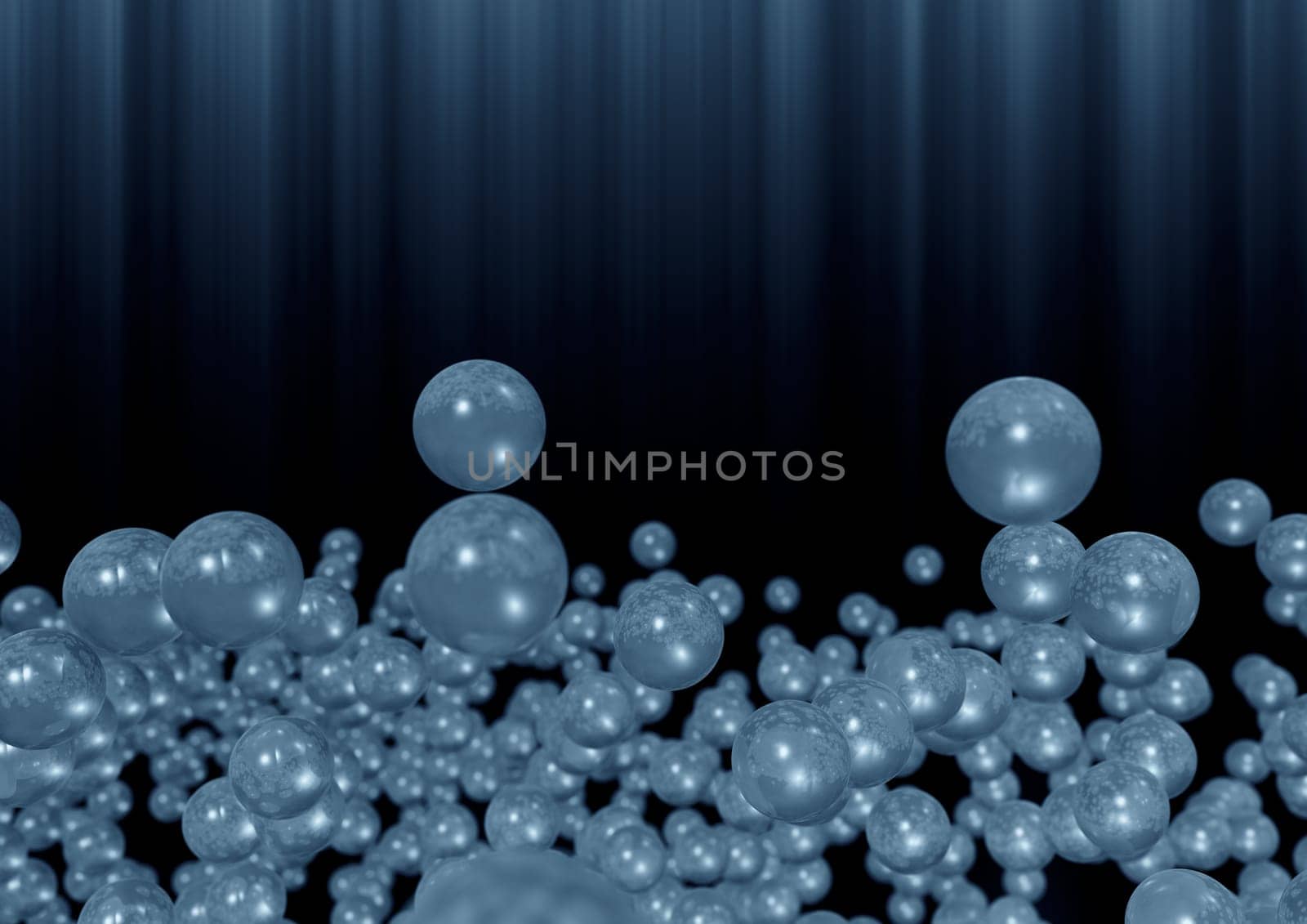 Abstract luxury dark blue background with scattering pearls and light rays from the top. 3D rendering illustration