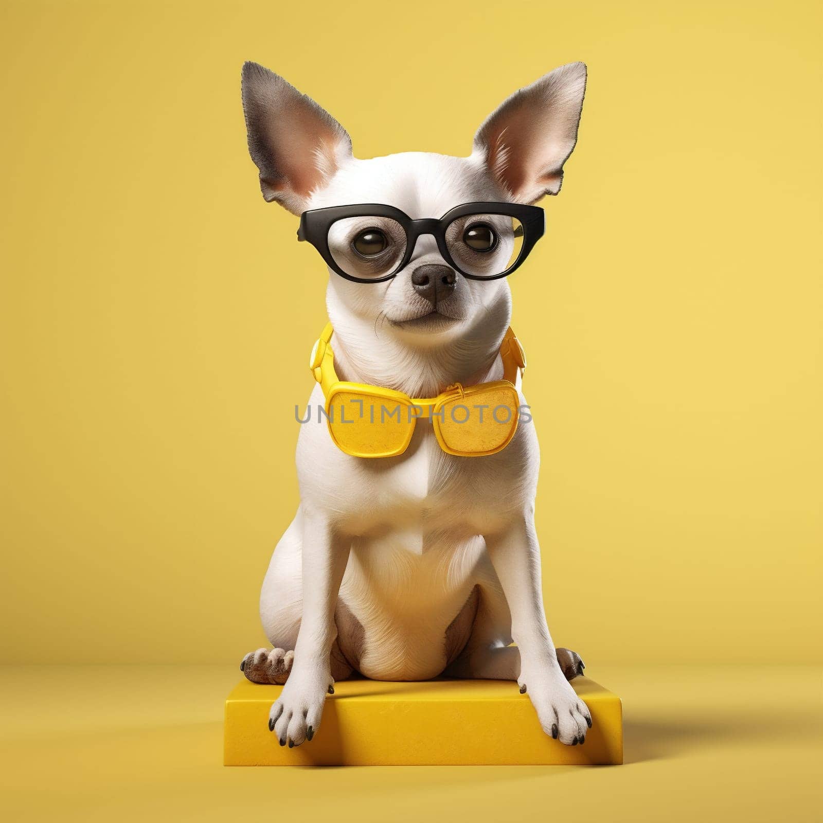 dog pet portrait glasses animal background yellow cute chihuahua funny puppy. Generative AI. by SHOTPRIME