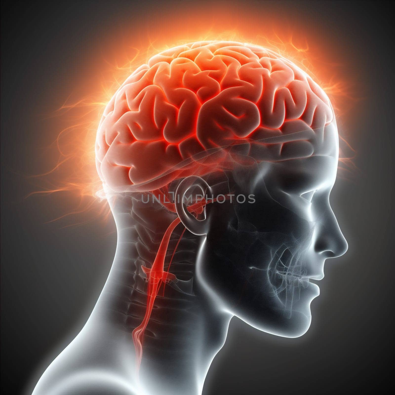 medical pain anatomy headache red brain blue x-ray medicine head. Generative AI. by SHOTPRIME
