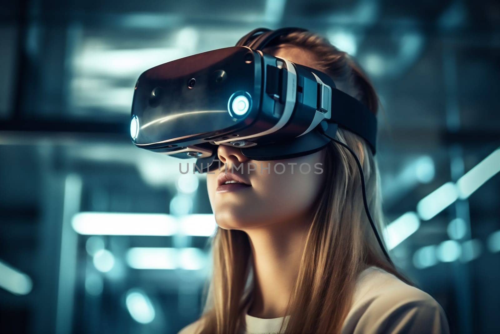 man woman abstract icon innovation digital technology business hologram line glasses headset goggles vr helmet connection virtual glow modern future concept. Generative AI.