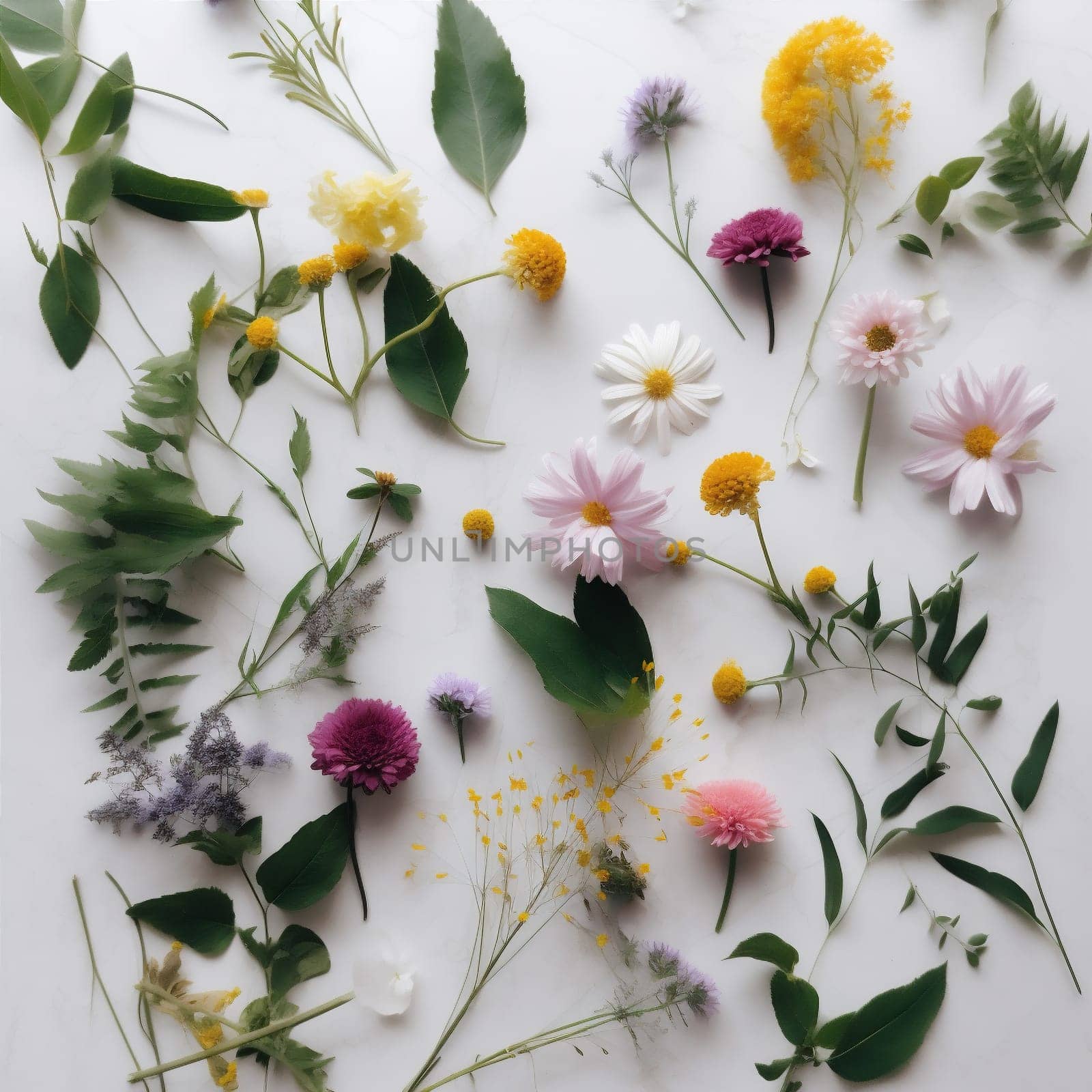 white mockup natural floral lay blossom composition holiday summer isolated desk petal beautiful nature flower day leaf anniversary decorative spring background. Generative AI.