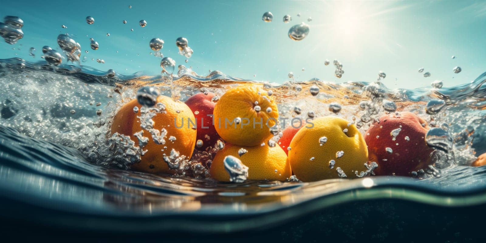 background food vitamin fruit drop healthy strawberry fresh water green red. Generative AI. by SHOTPRIME