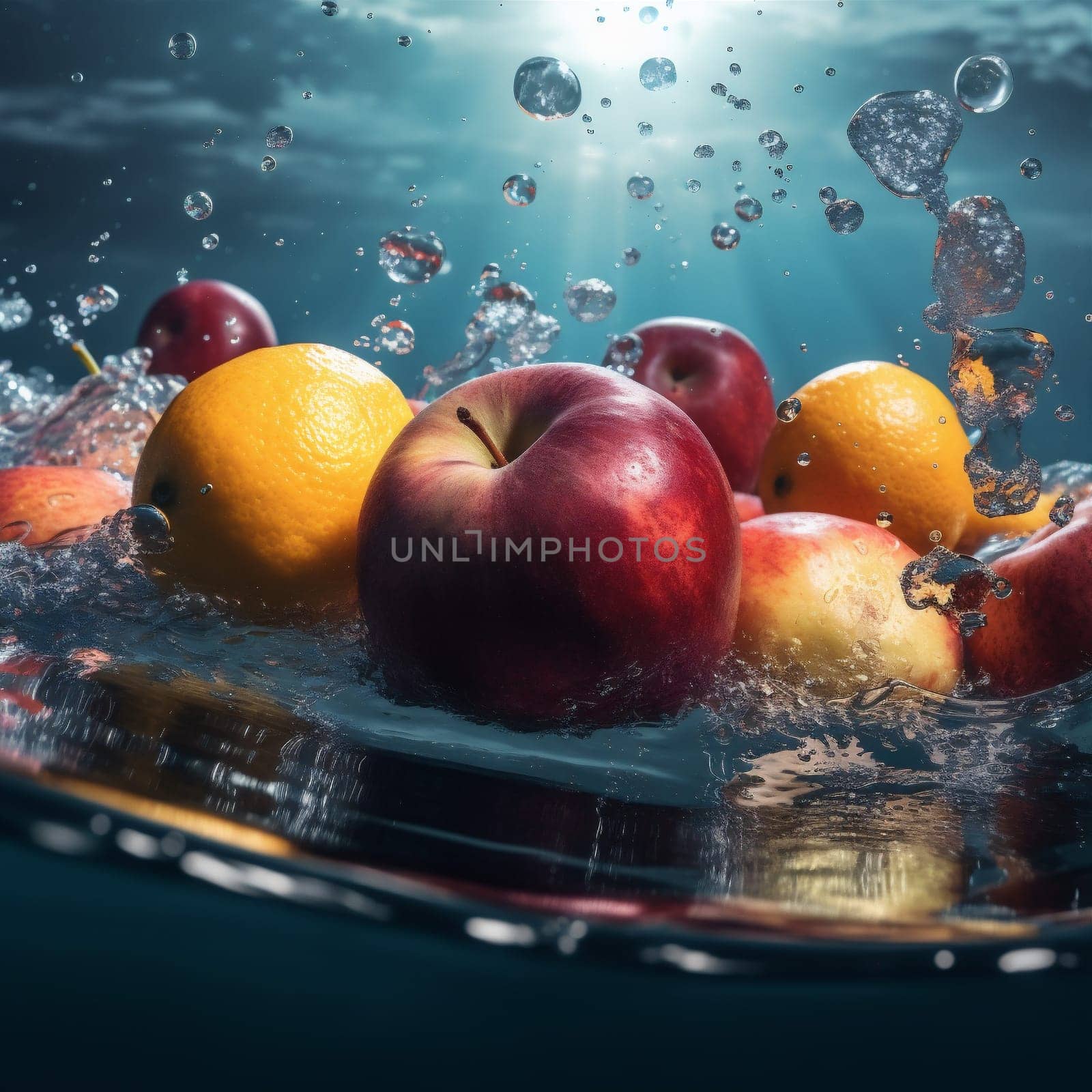 healthy vitamin fresh background fruit drop food water strawberry green nature. Generative AI. by SHOTPRIME