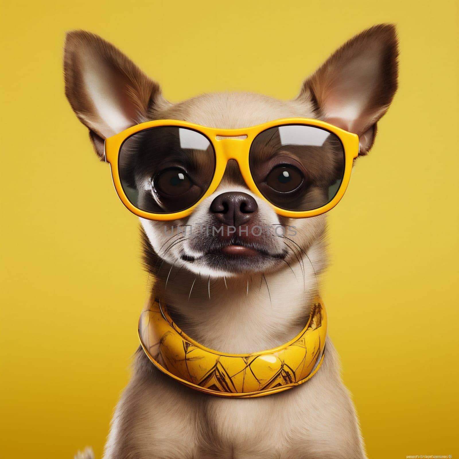 dog fun yellow copy cool looking domestic chihuahua background glasses mammal tie white space fashion cute little animal portrait pet happy puppy. Generative AI.
