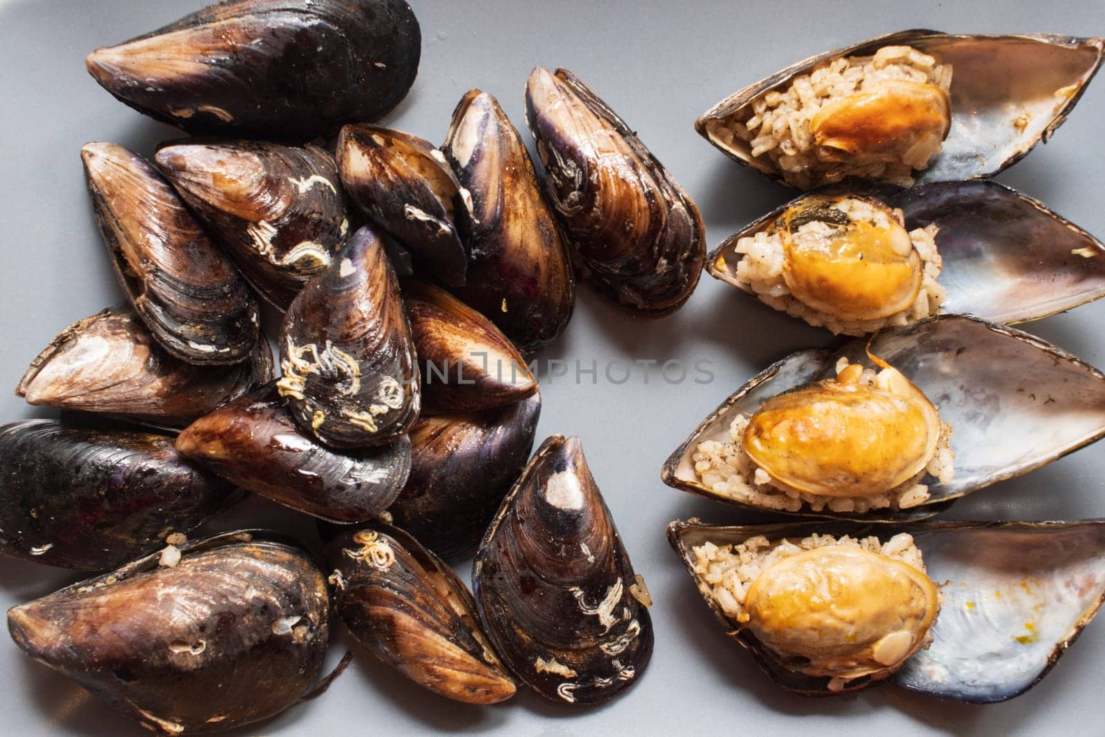 Turkish Street Food Stuffed Mussels with Lemon - Midye Dolma. High quality photo