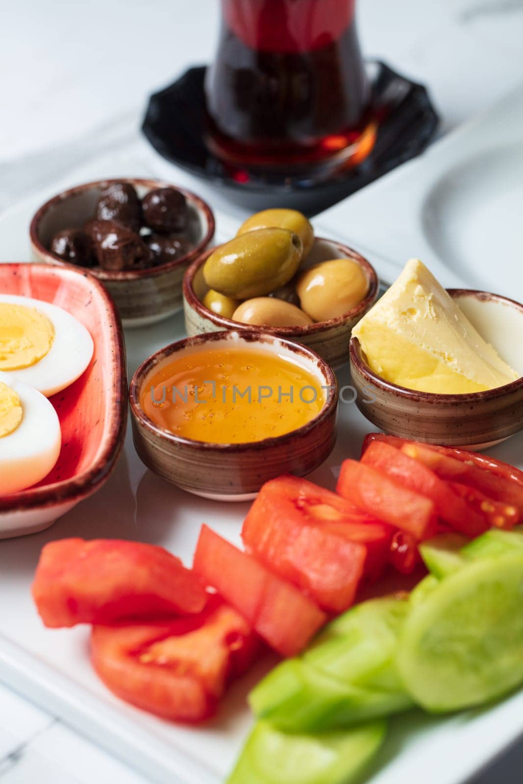 Traditional delicious Turkish breakfast, food concept photo. by senkaya