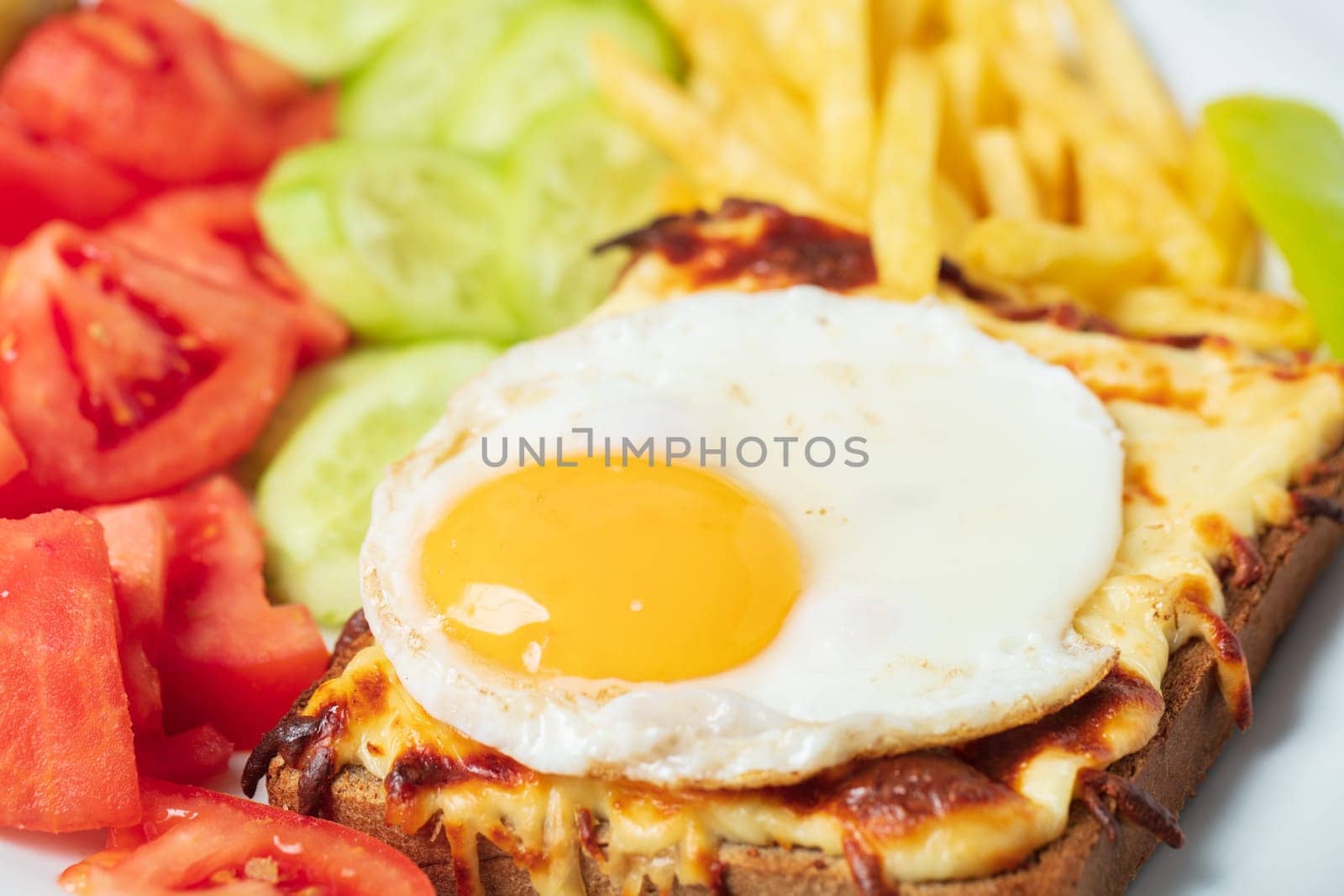 Breakfast. French cuisine. Croque madame sandwich close up on the table. High quality photo