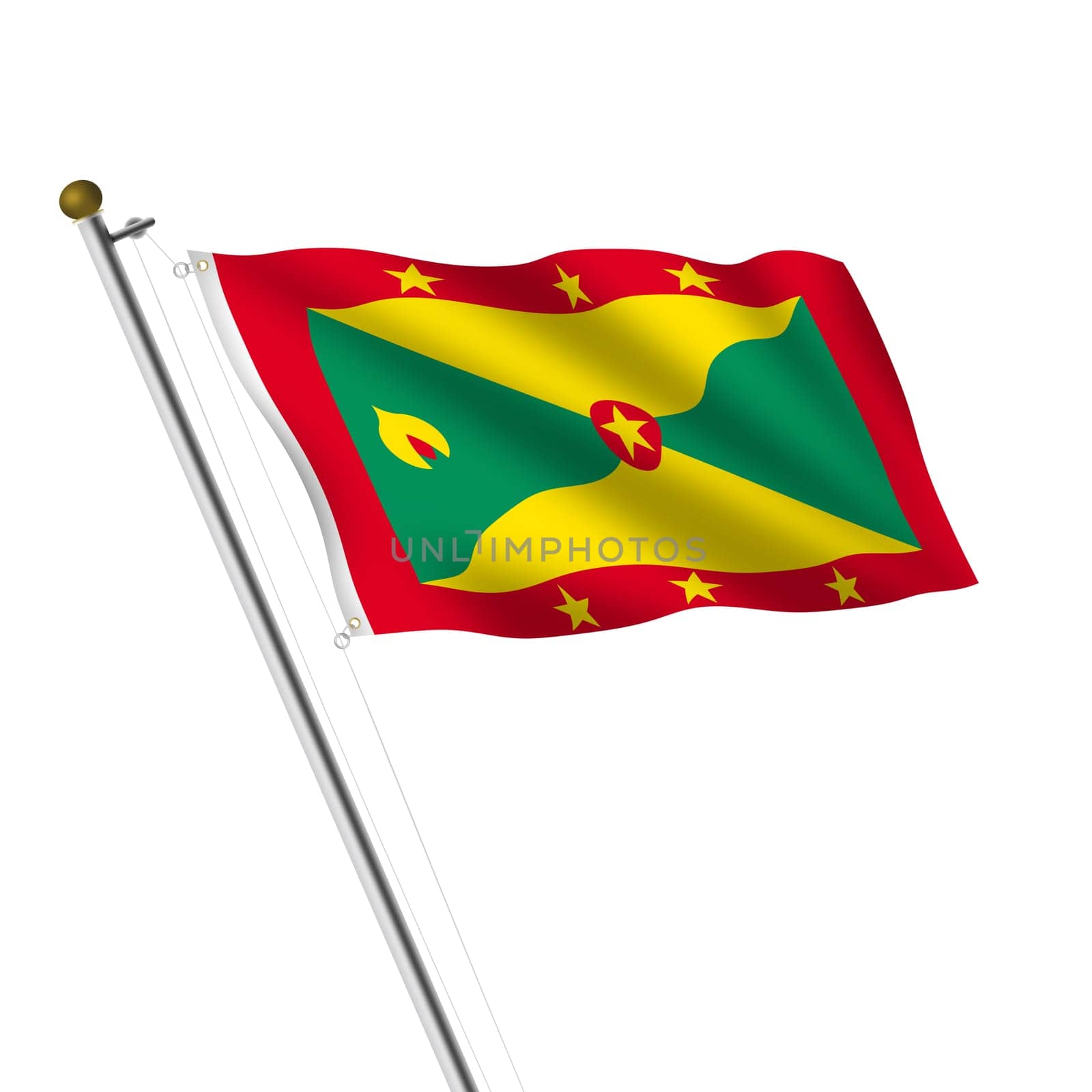 A Grenada Flagpole 3d illustration on white with clipping path