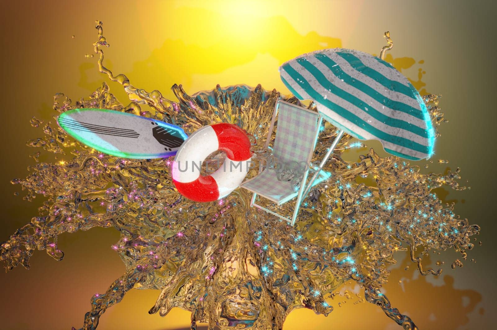 3D Illustration ,Summer travel podium with wate splash by Hepjam