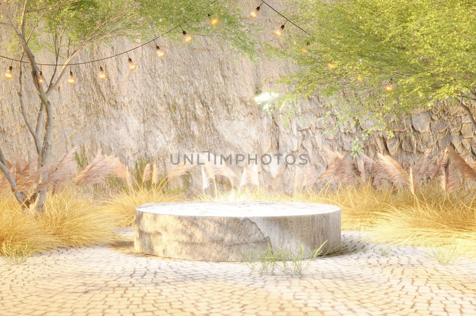 3D Illustration, podium or stand made from stone or concrete  in the grass 