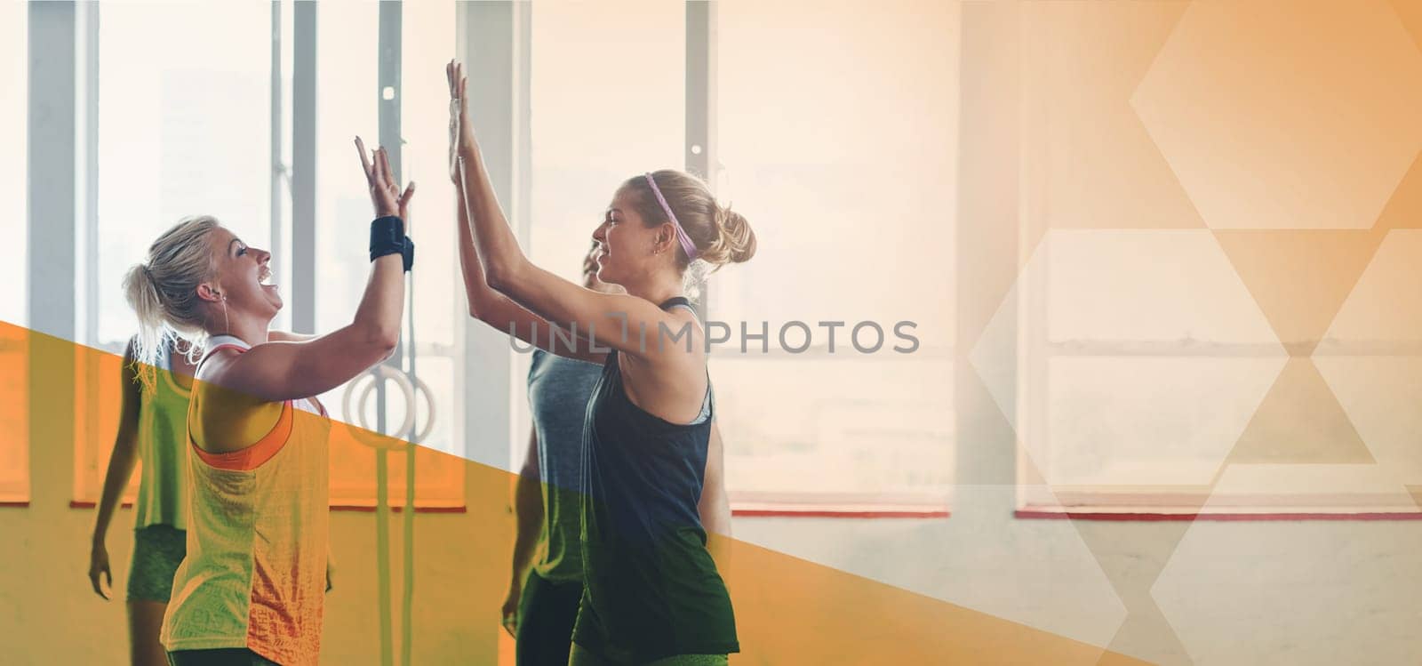 Fitness group, gym and high five for exercise, workout and training mockup space. Diversity sports women together to celebrate win, overlay and strong muscle motivation at health and wellness club.