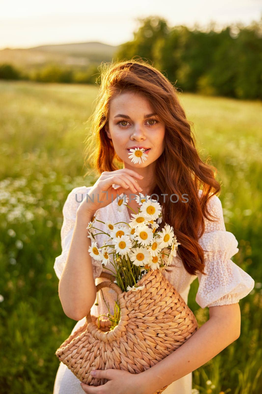 cute, happy woman with a basket of flowers in nature holds a camomile in her mouth by Vichizh