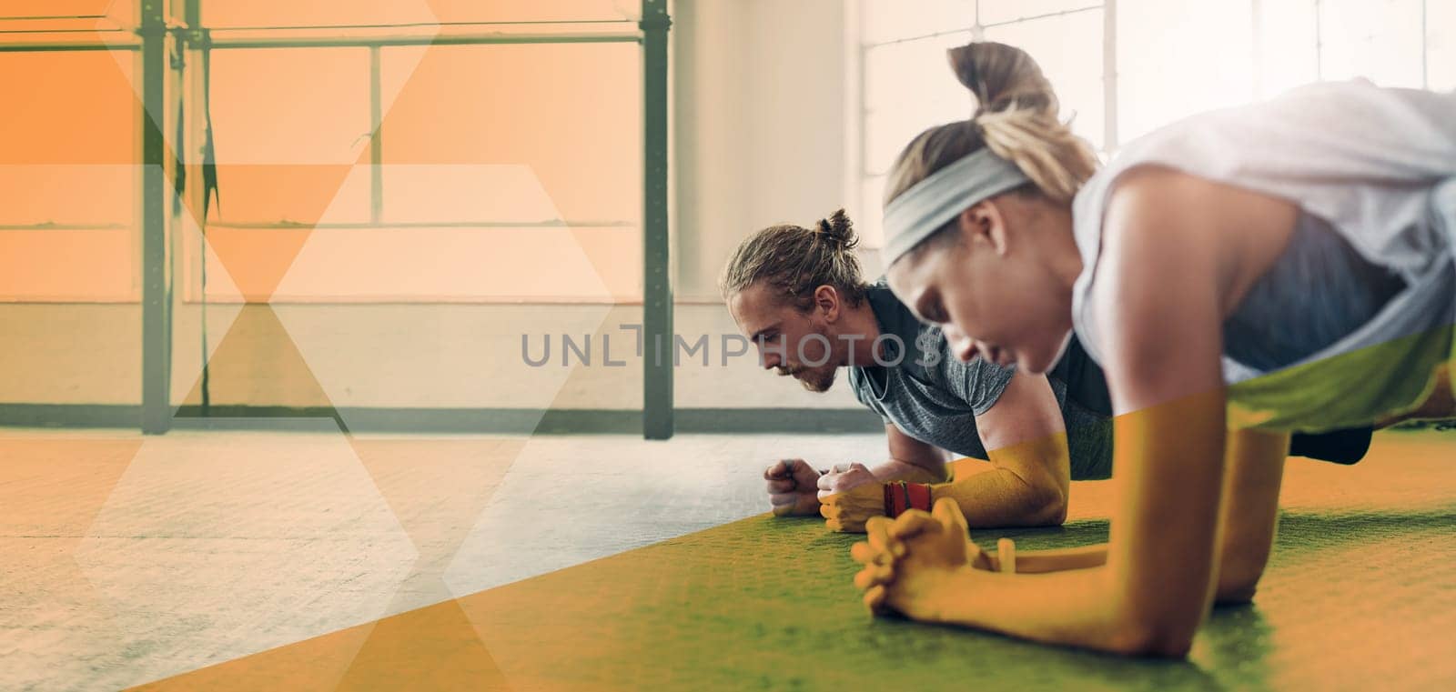 Fitness, people and plank exercise at gym together for training workout. Athlete man and woman team on ground for power challenge, commitment or strong muscle at wellness club with mockup and overlay.