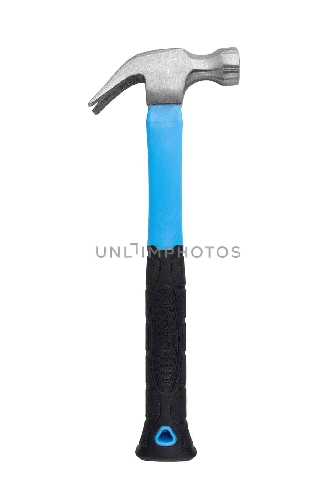 Steel claw hammer with a black and blue handle isolated on a white background.