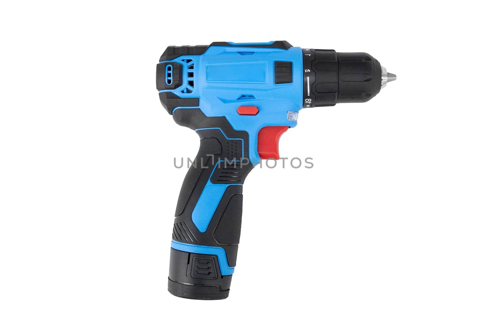 Blue with black inserts Chinese plastic cordless electric screwdriver isolated on white.
