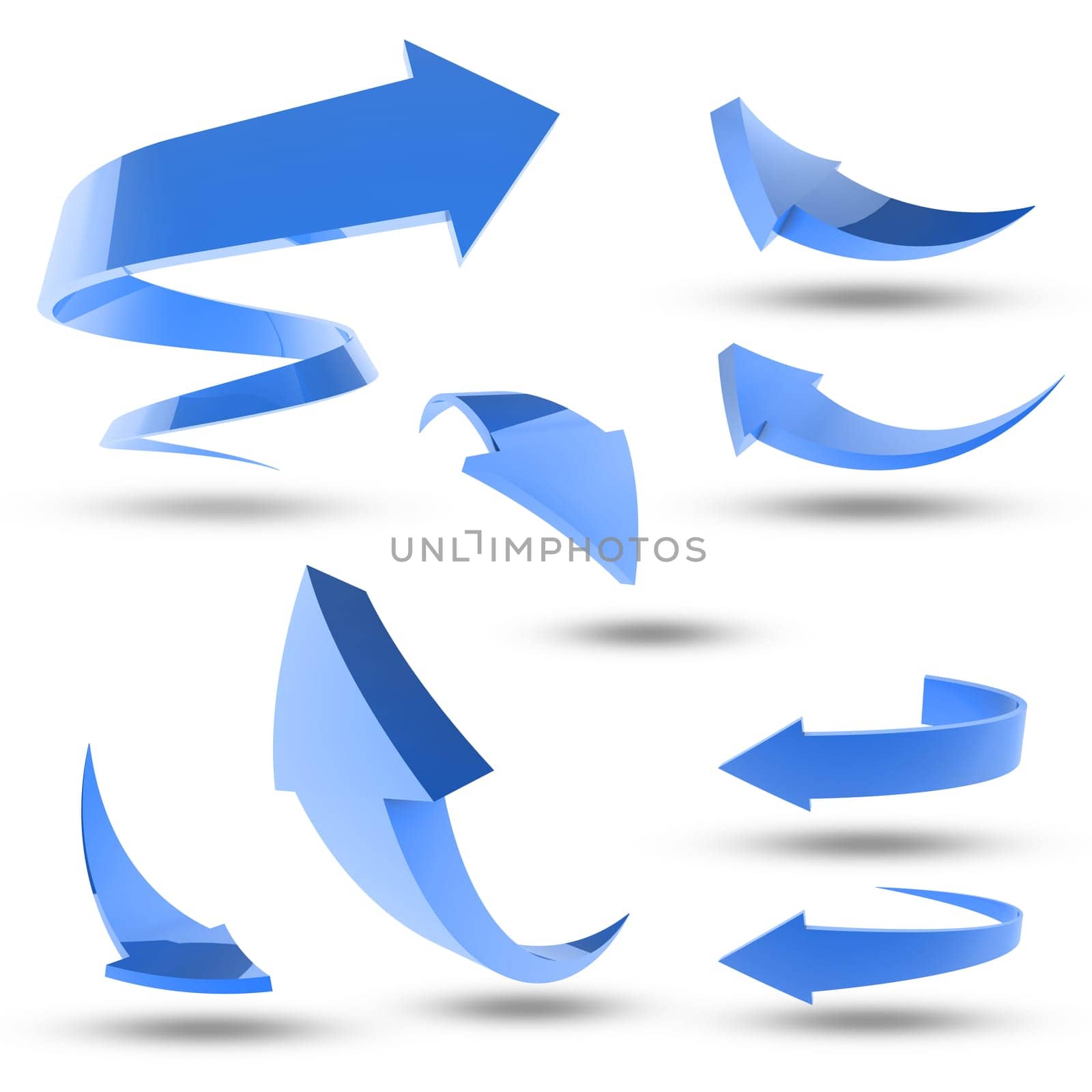 Arrows, direction and white background with blue icon for target with design. Graphic, pointer and symbol for illustration in technology for online with information to review network or data