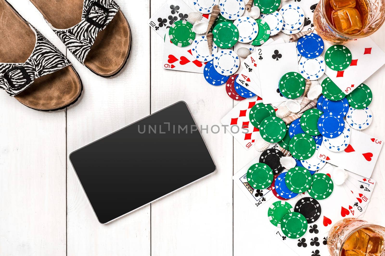 Post blog social media poker. View from above with copy space. Banner template layout mockup for online casino. Wooden white table, top view on workplace. Banner for online casinos and gambling