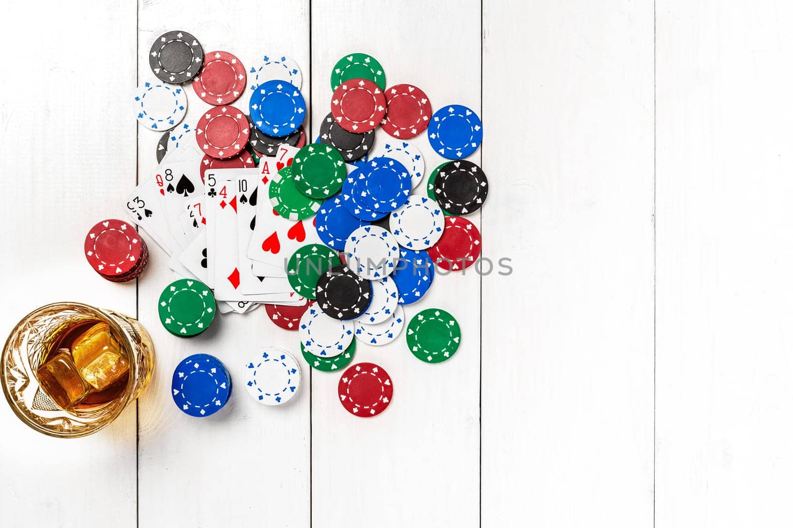 Post blog social media poker. View from above with copy space. Banner template layout mockup for online casino. Wooden white table, top view on workplace. Banner for online casinos and gambling