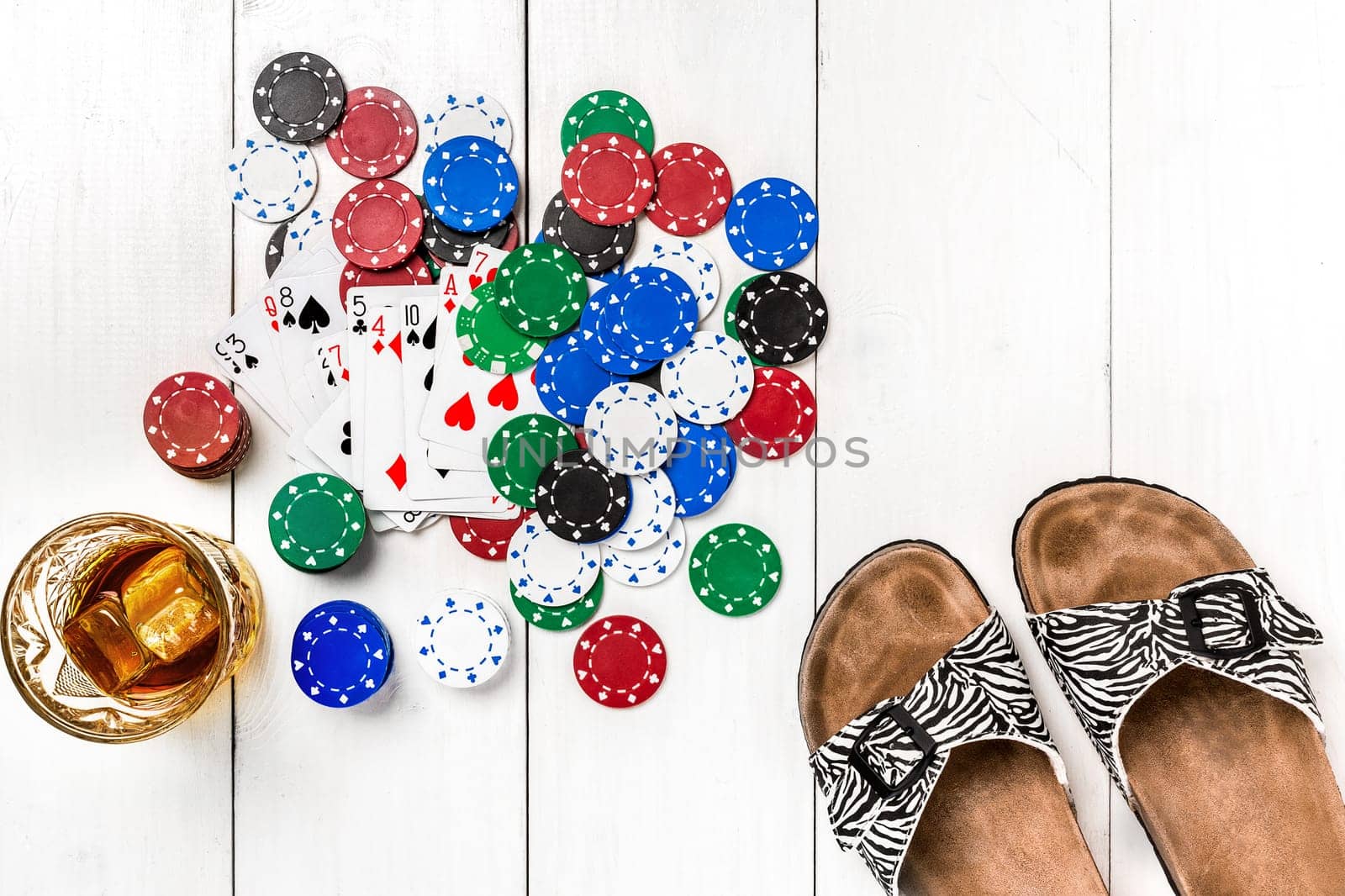 Post blog social media poker. View from above with copy space. Banner template layout mockup for online casino. Wooden white table, top view on workplace. Banner for online casinos and gambling