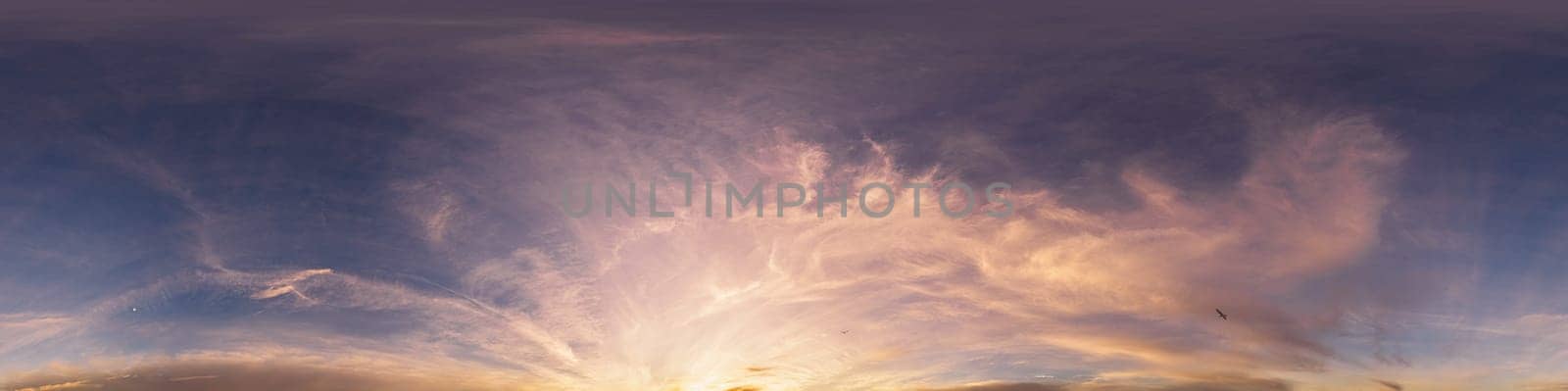 Sunset sky panorama with bright glowing pink Cirrus clouds. HDR 360 seamless spherical panorama. Full zenith or sky dome for 3D visualization, sky replacement for aerial drone panoramas. by Matiunina