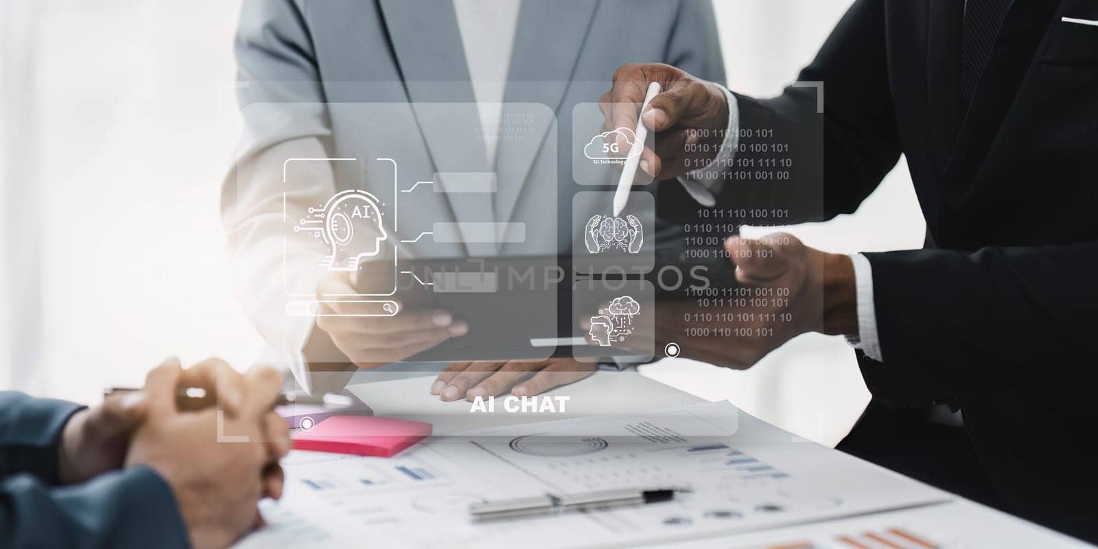 Chatbot Chat with AI, Artificial Intelligence. Business people using technology smart robot AI. Futuristic technology transformation, finance, teamwork, Big data Graphs Charts concept.