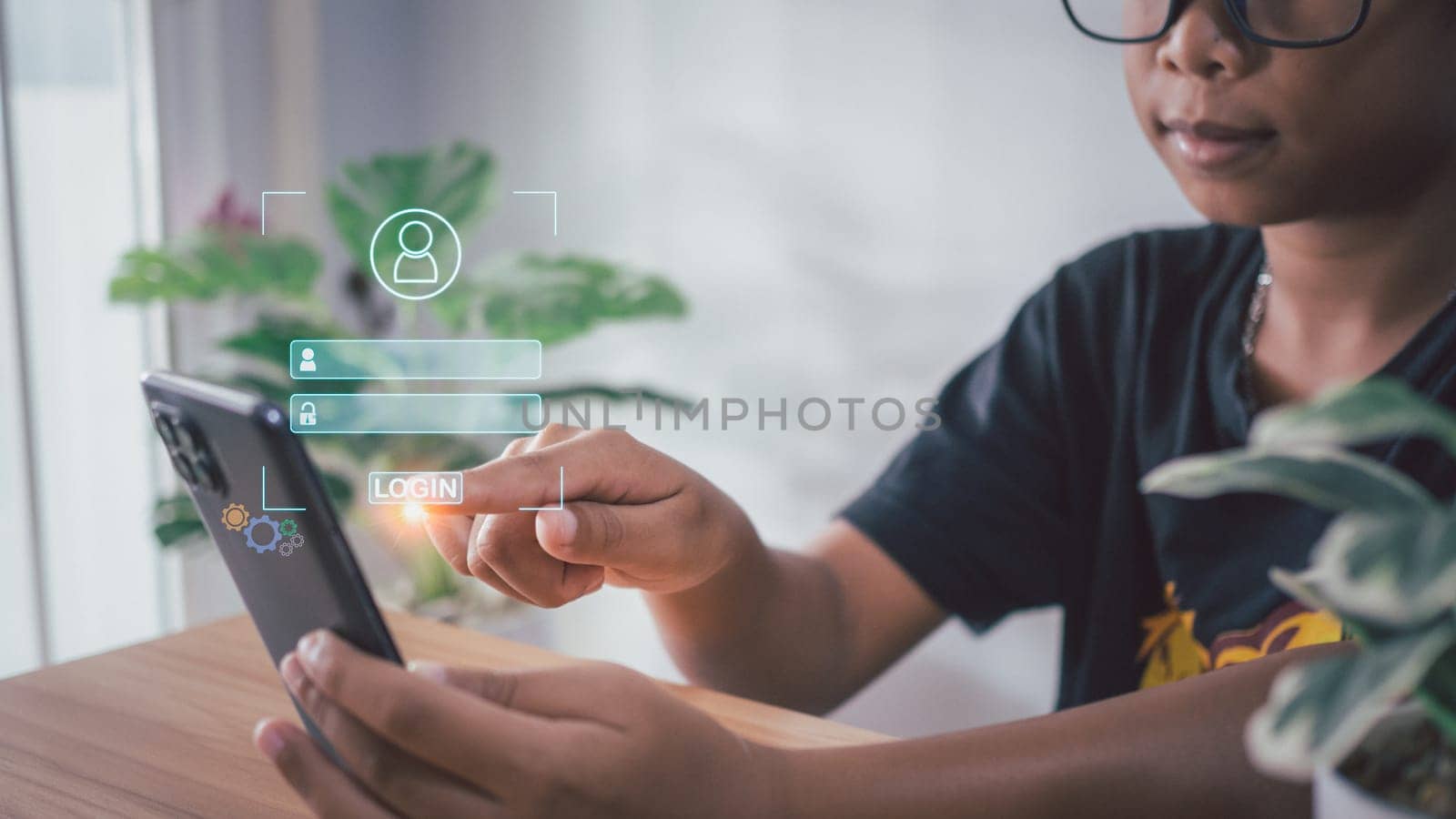 People's fingers are pressing on the phone screen. Represents protection against external hacks, code protection security concepts, viruses, firmware and malware.