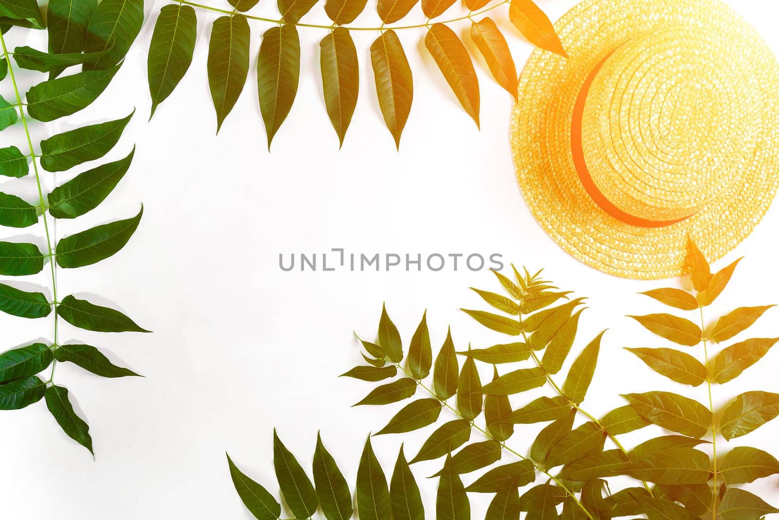 Green leaf branches and straw haton white background. flat lay, top view. Sun Flare by nazarovsergey