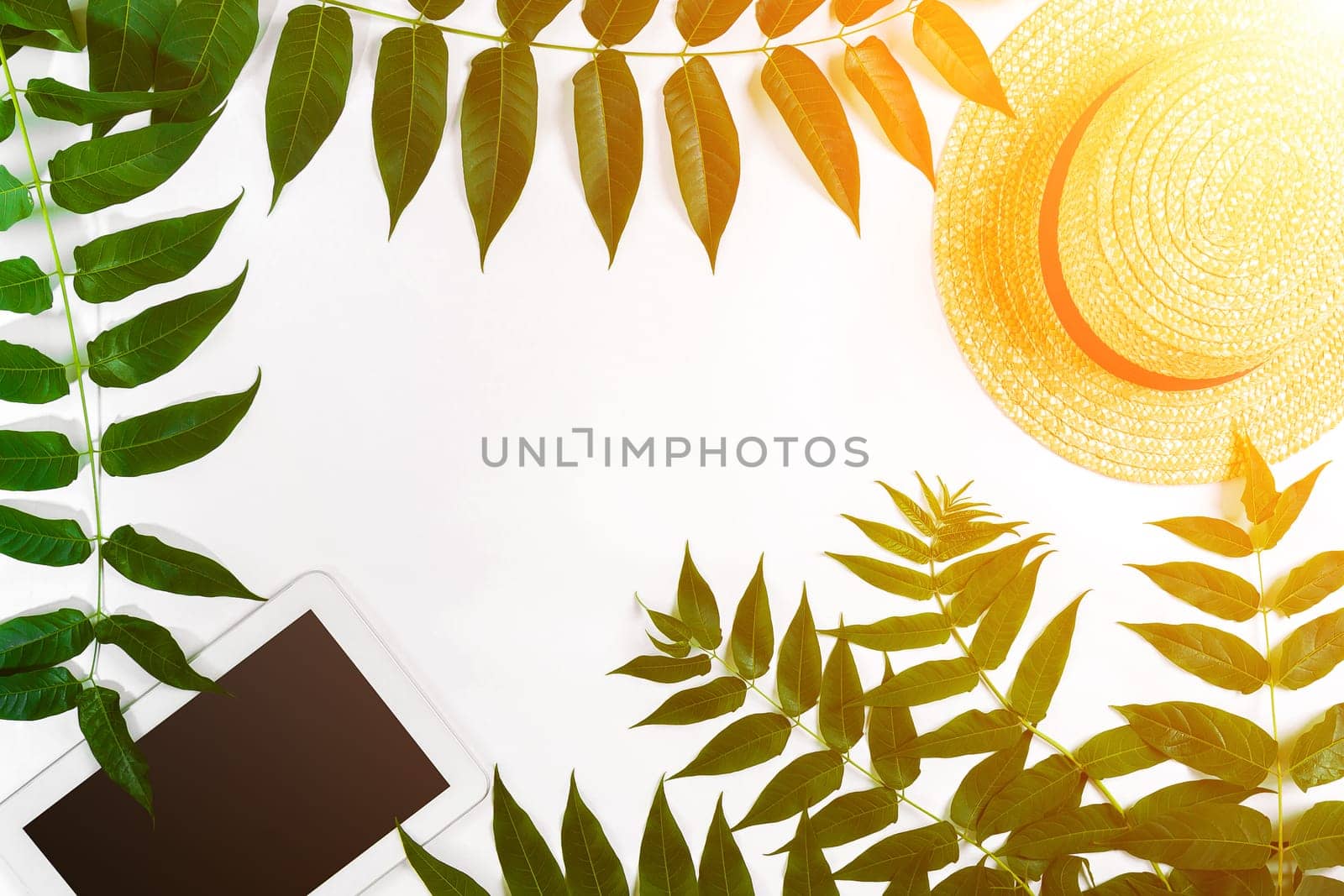 Green leaf branches, tablet and straw haton white background. flat lay, top view. Copy space. Still life. Sun Flare