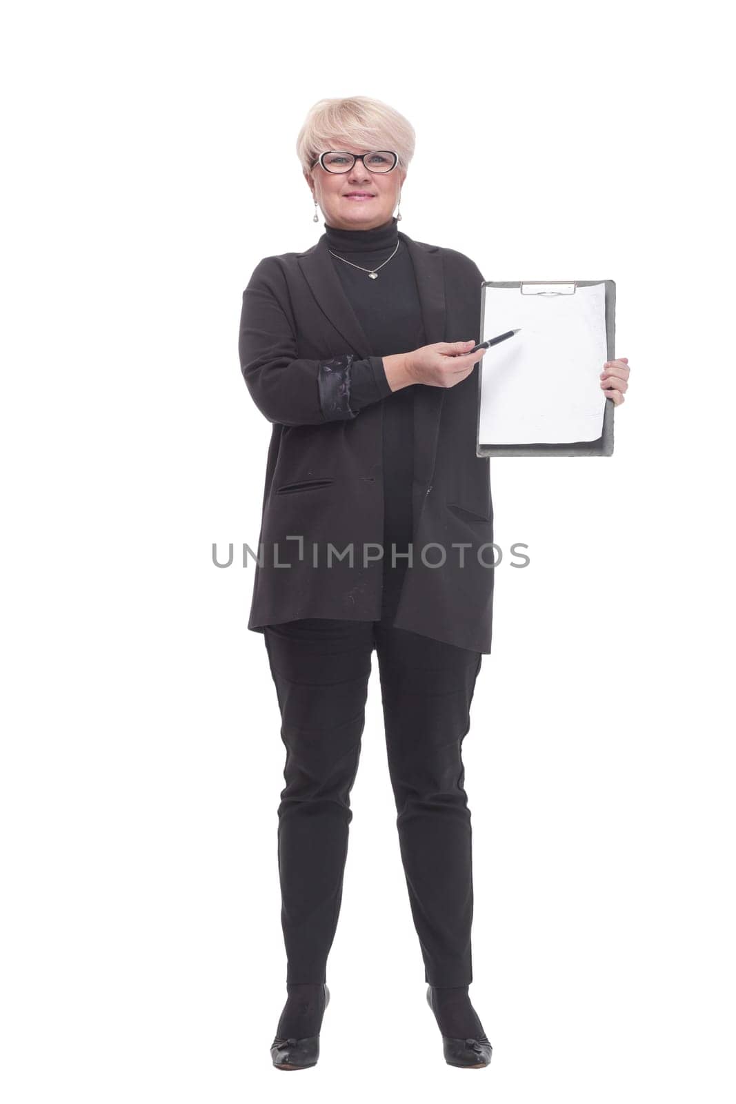 in full growth. Executive business woman with clipboard. isolated on a white background.
