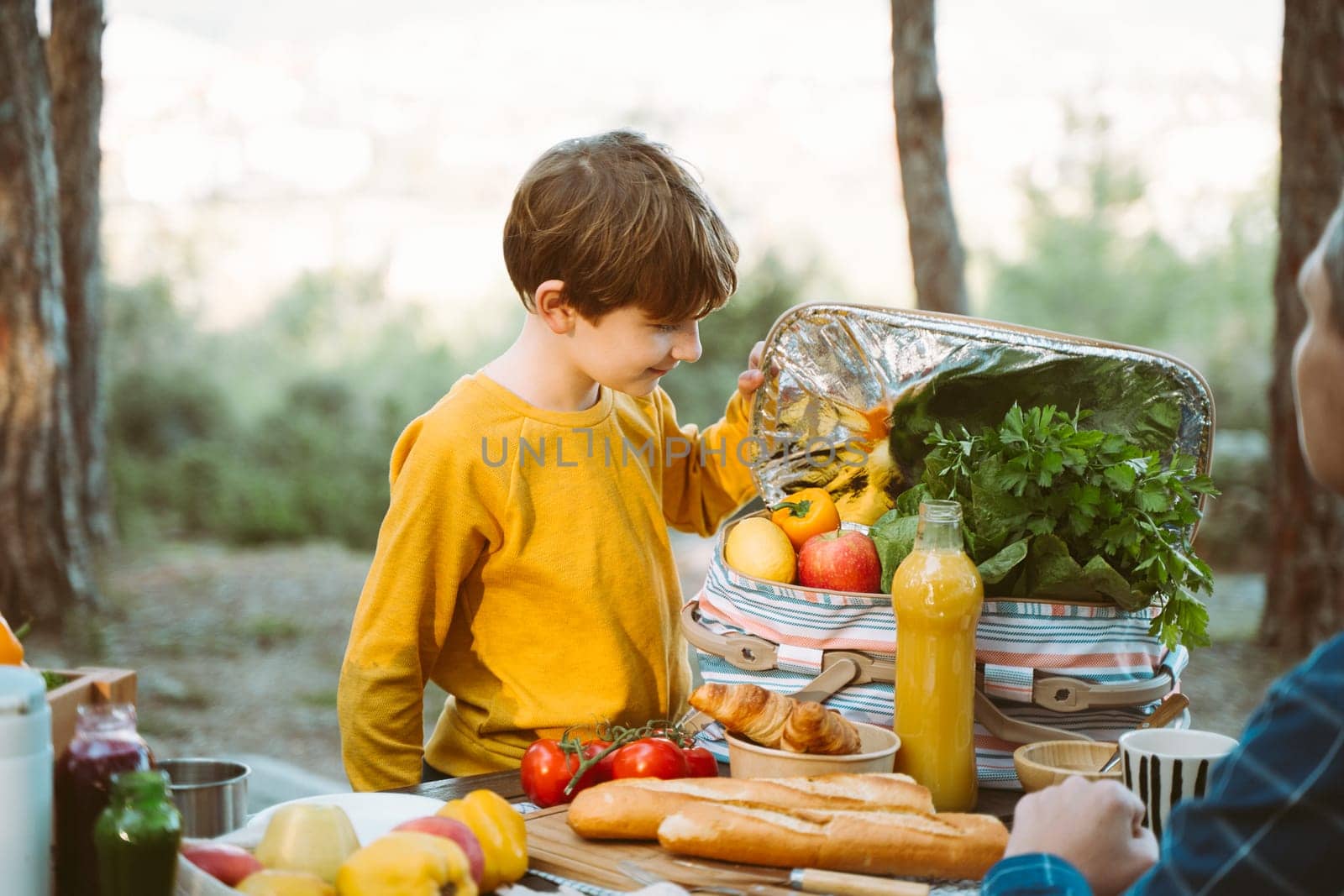 Father dad school kid boy child having a picnic in the forest camping site with vegetables, juice, coffee, and croissants. Wooden crate with fresh organic veggies surrounded with bread baguettes. by Ostanina